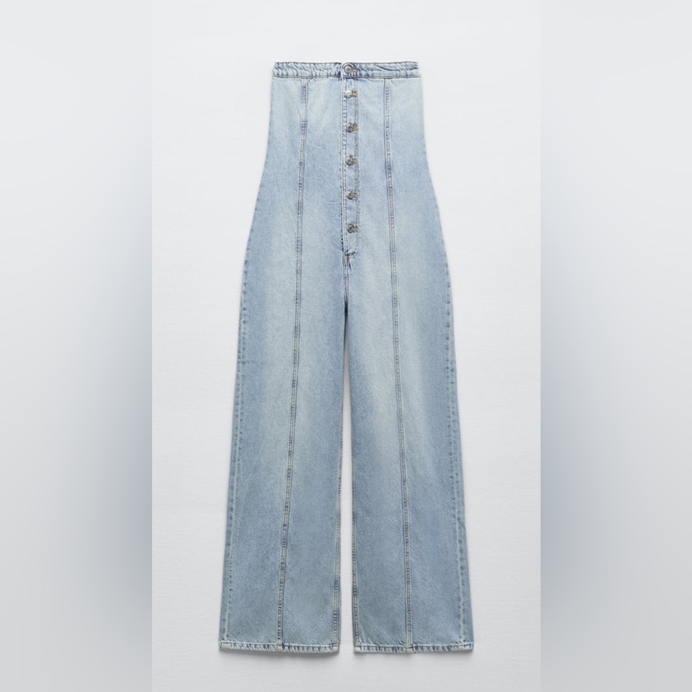 Zara Denim Button Front Strapless Jumpsuit Sz S